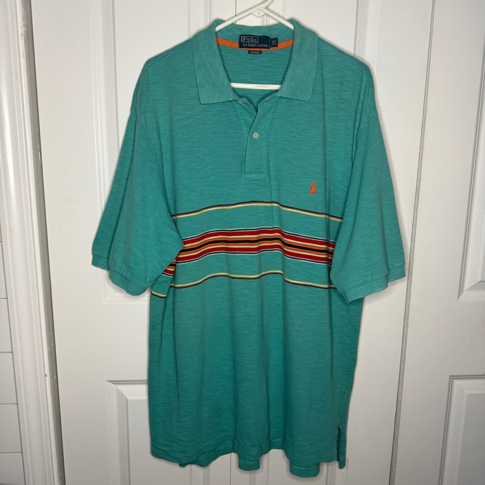 Polo Ralph Lauren Size XLT Tall Striped Polo Aqua Green Textured Aztec Western